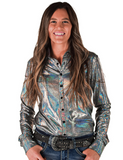 Front view of a model wearing the  Steel Serpent Pullover in a white back drop.