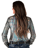 Back view of model wearing the  Steel Serpent Pullover in a white back drop.