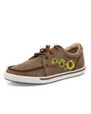 Side view of the Goldenroot Twisted X Kicks displayed on cowhide.