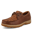 Stock photo of the Marrow Twisted X Boat Shoe Driving Moc - Brown Multi and Rustic Brown on cowhide.