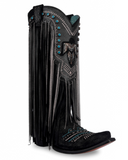 Side view of the Blackridge Stampede Corral Boots with a wood backdrop.