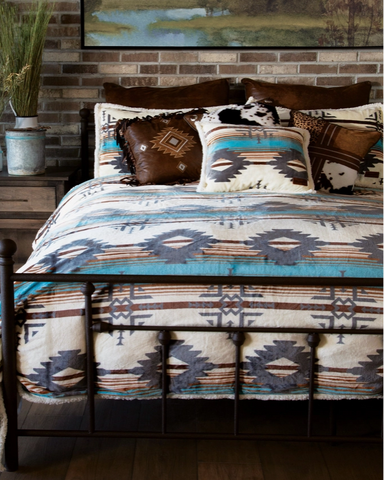 Wrangler Lone Mountain Plush Sherpa Comforter Set displayed in bedroom setting.