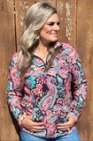 Women wearing and styling Midnight Bloom Fitted Pullover styled in front of wood background.