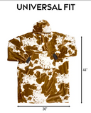 Brown and white cow-patterned jacket with measurements on a white background