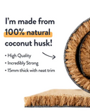 Coir mat with text highlighting its natural material and features