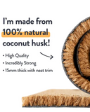 Coir mat with text highlighting its natural material and features
