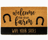 Welcome to Our Farm Coir Doormat displayed on white background.
