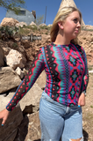 Retro Funk Mesh Top styled and modeled on a women in desert setting.