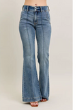 Steph High Waisted Trouser Flares being modeled on a women in front of white background.