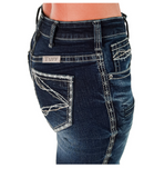 Close up of Honor Dark Trouser Jeans displayed on white background.