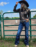 Honor Dark Trouser Jeans styled and modeled on women in farm setting.