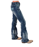 Turquoise Boot Stitch Bootcut Jeans worn and displayed on white background.