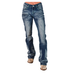 Turquoise Boot Stitch Bootcut Jeans worn and displayed on white background.