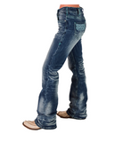 Turquoise Boot Stitch Bootcut Jeans worn and displayed on white background.