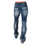 Turquoise Boot Stitch Bootcut Jeans worn and displayed on white background.
