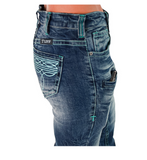 Close up of Turquoise Boot Stitch Bootcut Jeans worn and displayed on white background.