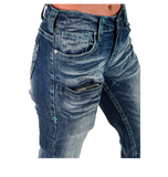 Close up of Turquoise Boot Stitch Bootcut Jeans worn and displayed on white background.