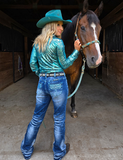 Turquoise Boot Stitch Bootcut Jeans worn and styles by women standing next to a horse.