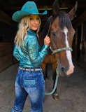 Turquoise Boot Stitch Bootcut Jeans worn and styles by women standing next to a horse.