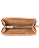 Open tan leather wallet on a white background