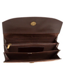 Brown leather wallet with brass zipper on a white background