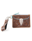 Brown leather wallet with steer head design and wrist strap on a white background