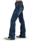 Blue jeans worn by a person on a white background