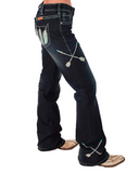 Dark jeans with decorative elements on a white background