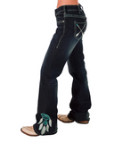 Dark blue jeans with a decorative designs on a white background