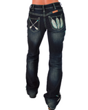 Dark blue jeans with decorative designs on a white background