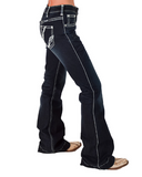 Dark jeans with white stitching on a white background