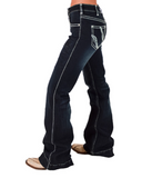 Dark blue jeans with white stitching on a white background