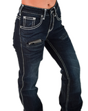 Dark blue jeans with white stitching on a white background