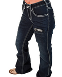 Dark blue jeans with white stitching on a white background