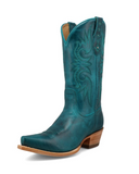 Teal cowboy boot with brown sole on a white background