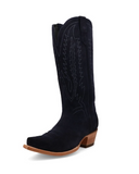 Navy cowboy boot with brown sole on a white background