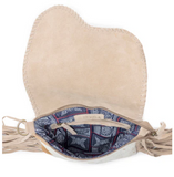 Beige handbag with a patterned interior on a white background