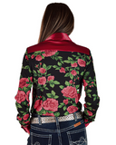 Woman wearing a floral blouse with a red collar on a white background