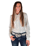 Woman wearing a patterned long-sleeve shirt and jeans on a white background