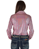 Person wearing a pink chrome shirt and blue jeans on a white background
