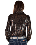 Person wearing a leopard print shirt on a white background