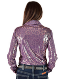 Purple patterned shirt worn by a person on a white background