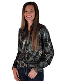 Woman wearing a patterned shirt with a white background