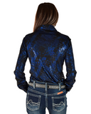Person wearing a blue patterned shirt and jeans on a white background