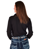 Person wearing a black shirt and blue jeans with a white background