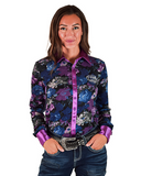 Woman wearing a floral patterned shirt with a white background
