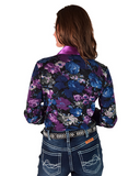 Woman wearing a floral patterned shirt with a white background