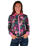 Woman wearing a floral patterned shirt with pink accents on a white background