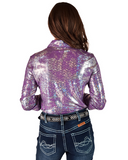 Person wearing a purple iridescent shirt and blue jeans on a white background