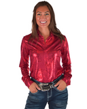 Woman wearing a red foil shirt and blue jeans on a white background